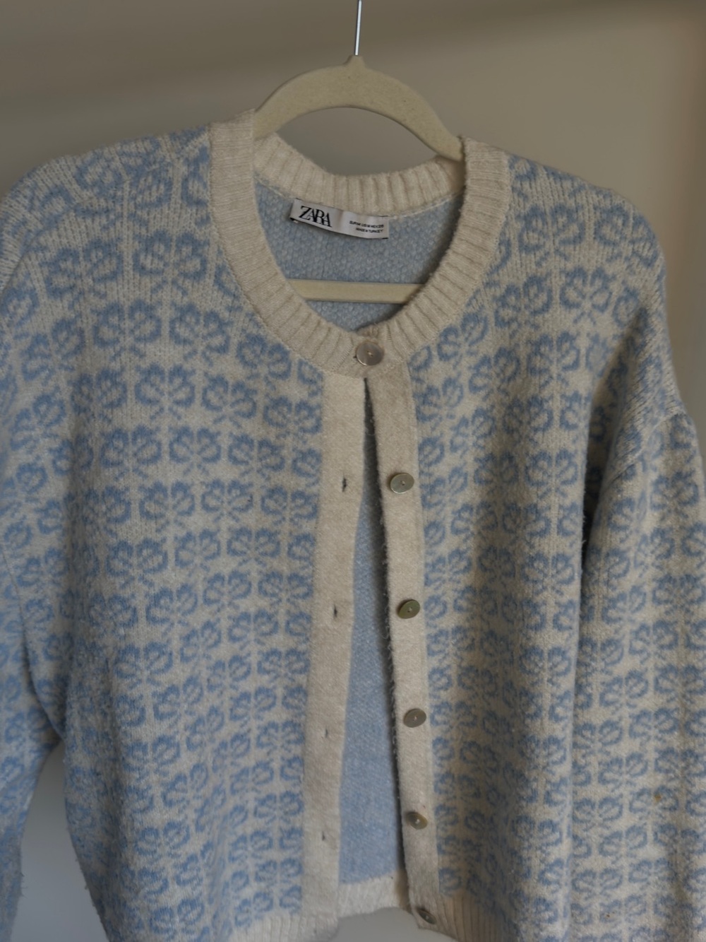 Zara Cream and Light Blue Floral Jacquard Cardigan